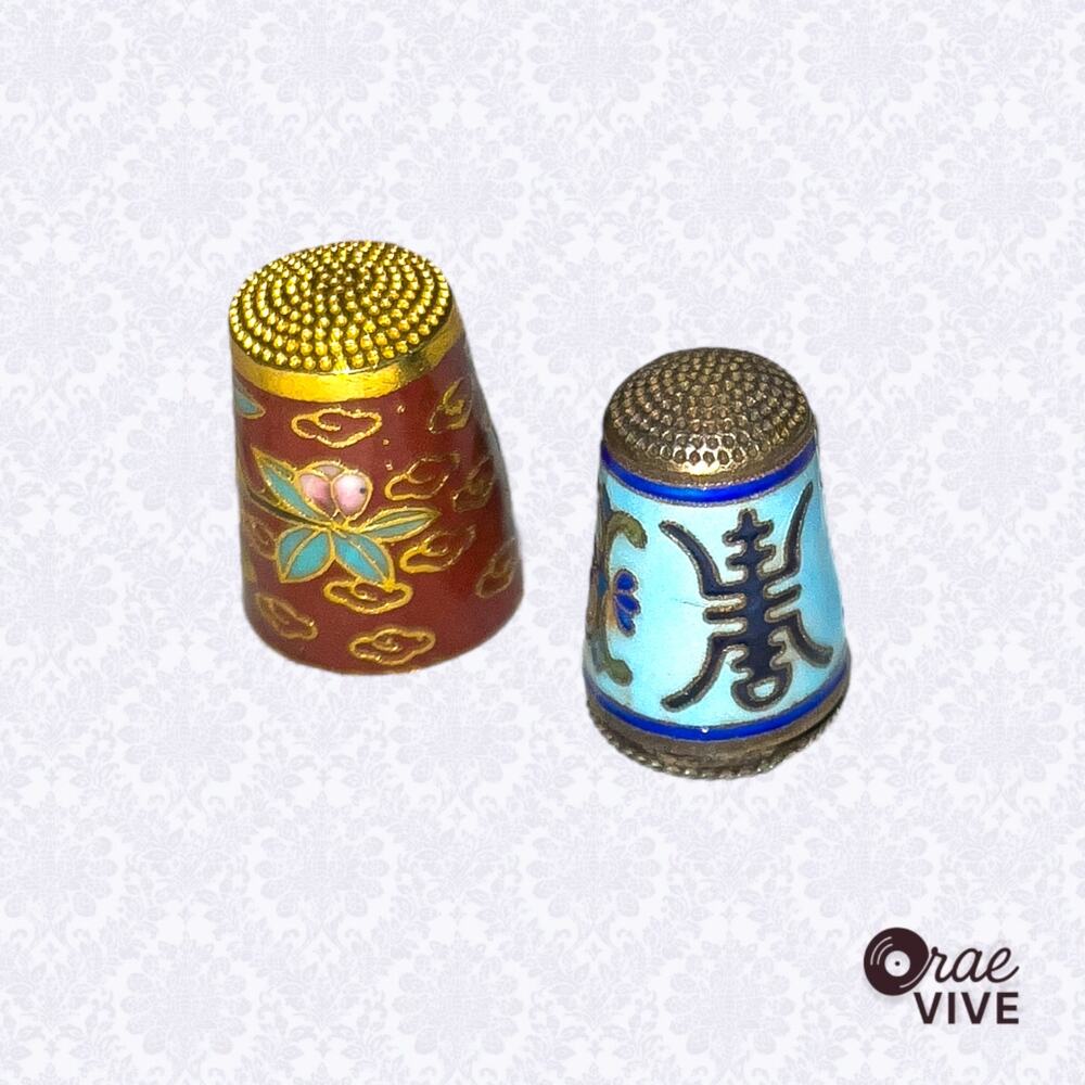 Vintage Chinese Cloisonné Thimble Set of 2 - Floral & Bird Enamel